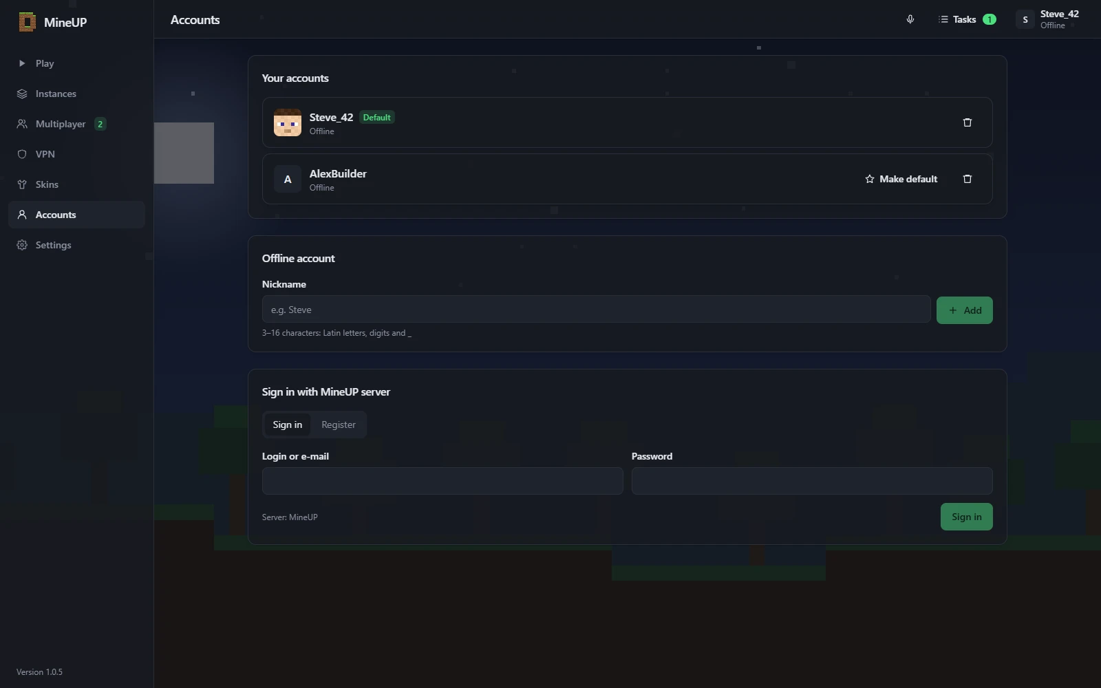 Offline accounts and sign-in to the MineUP server