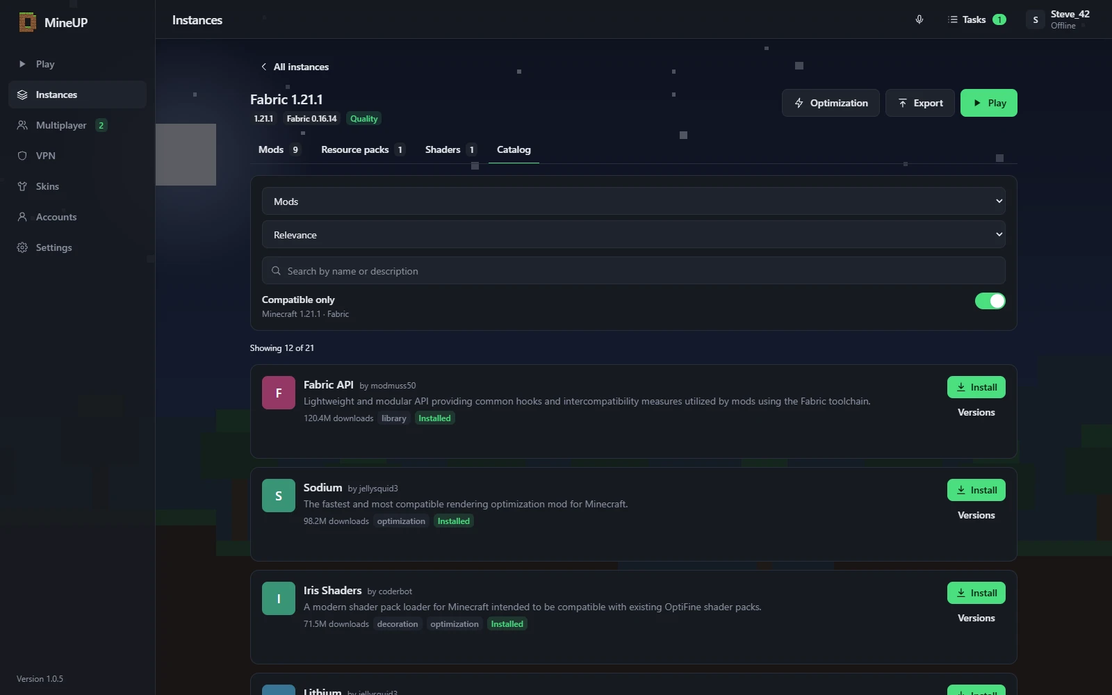 Modrinth mod catalog filtered by the instance version and loader
