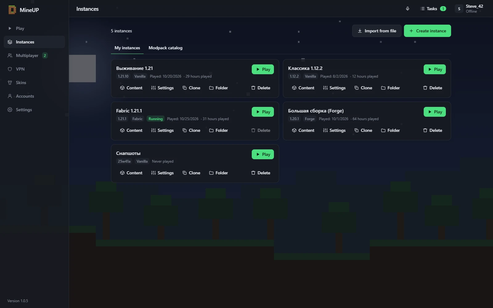 Instance library with vanilla, Fabric and Forge instances