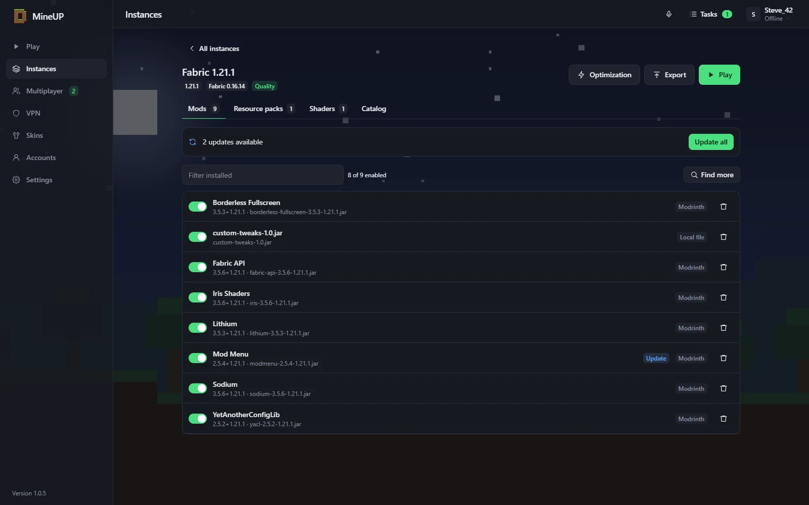 Installed mods of a Fabric instance with updates and toggles