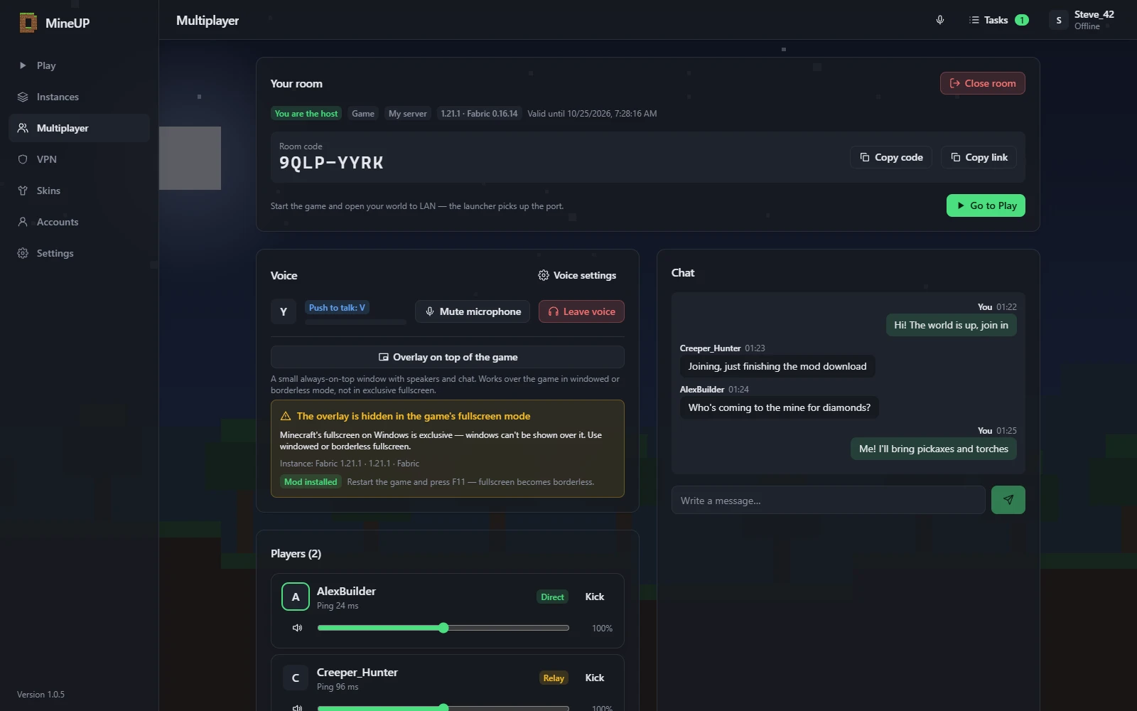 Multiplayer room with a code, participants, voice panel and chat