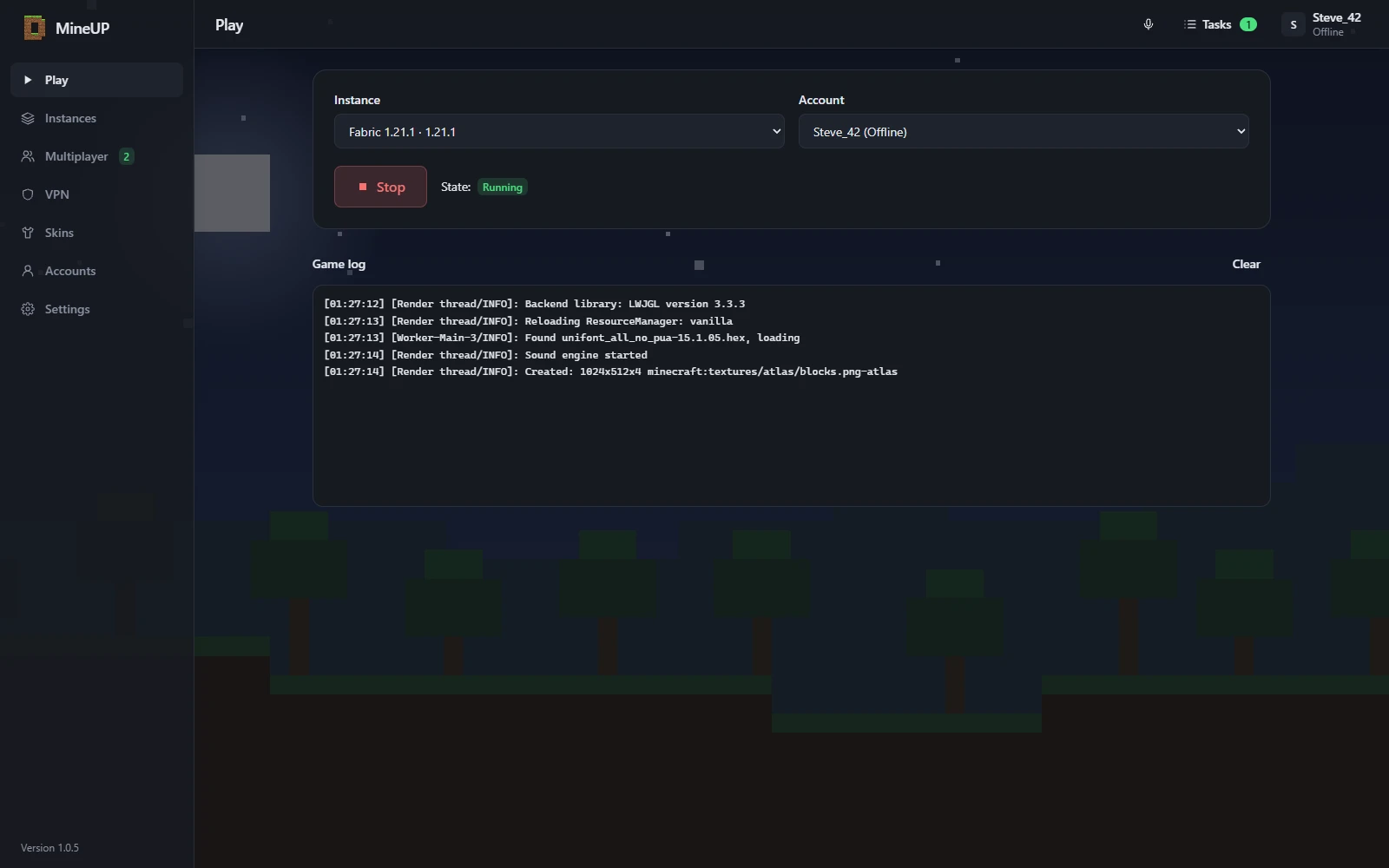 Play screen: instance and account picker, running game with a live log