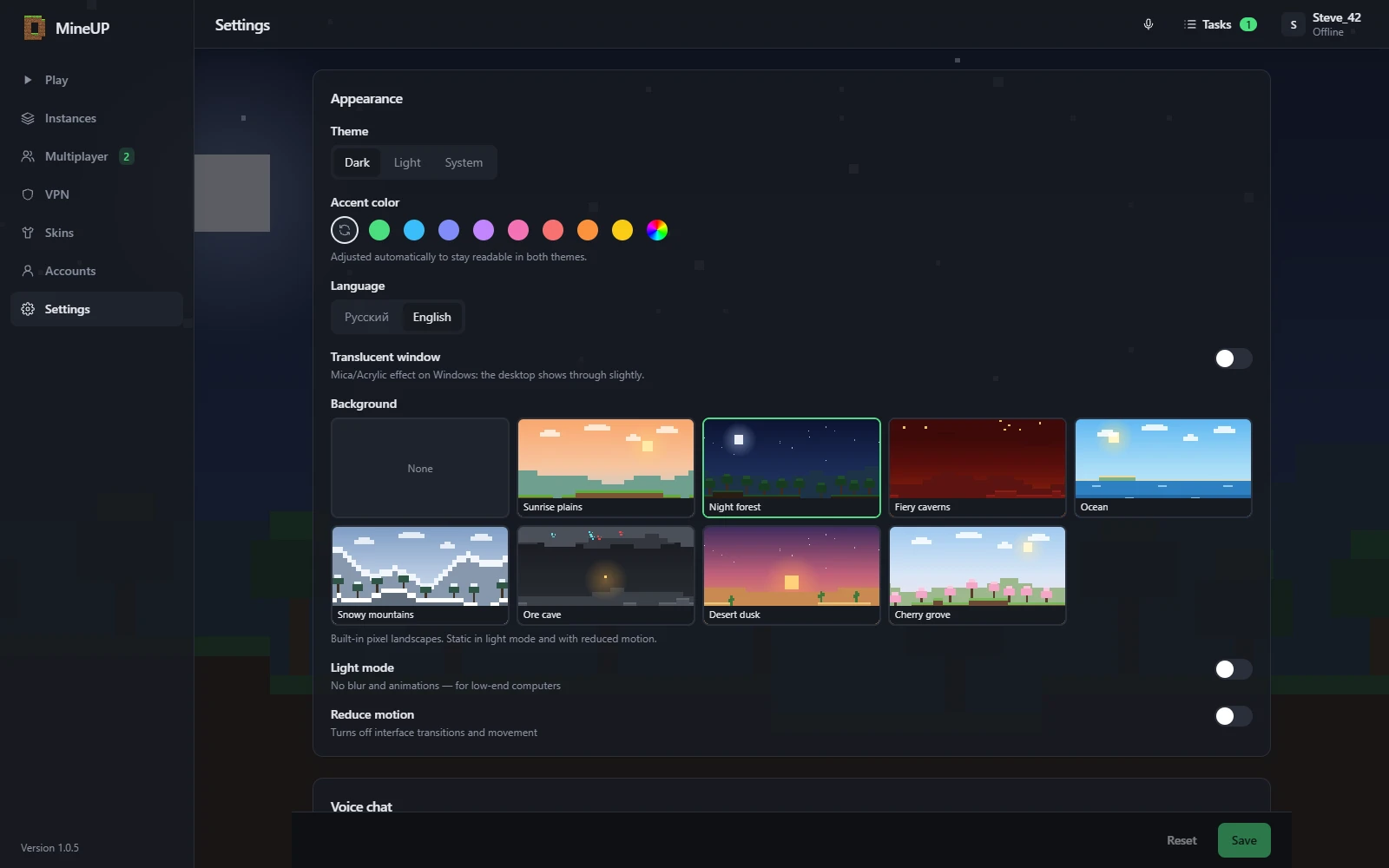 Appearance settings: theme, accent colour, language and pixel backgrounds