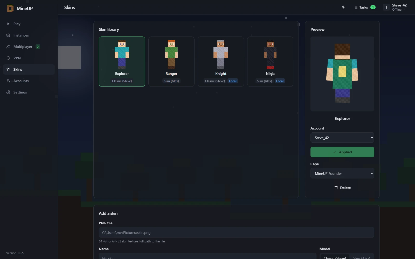 Skin library with a 3D preview and a cape
