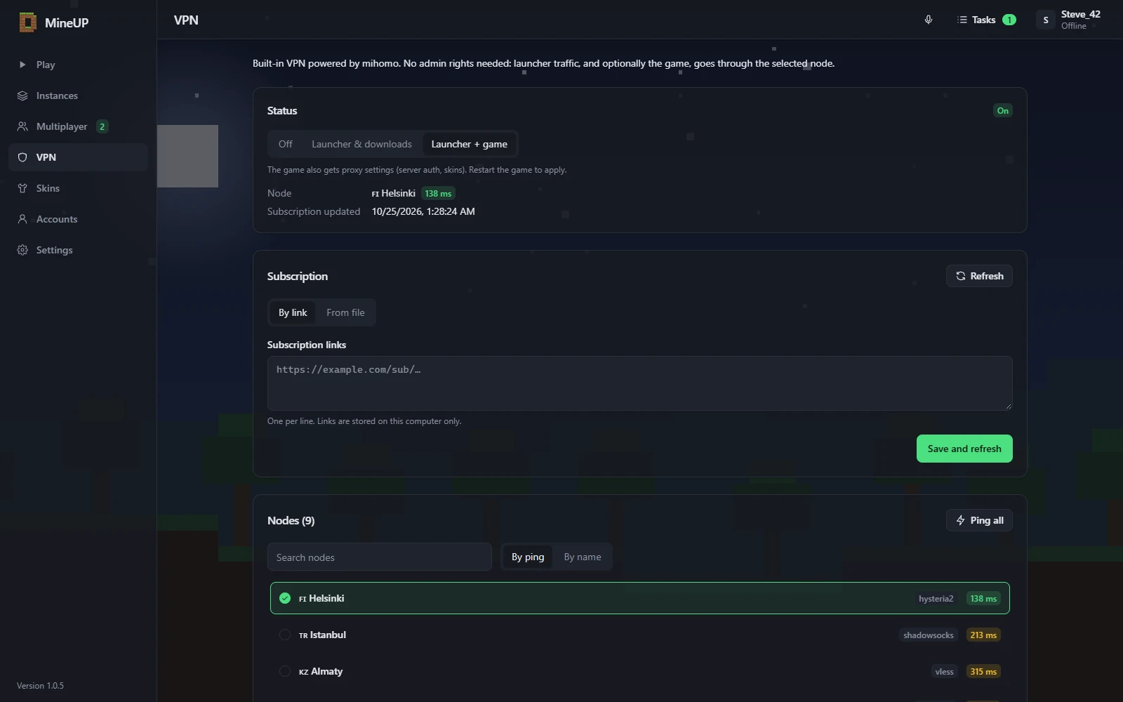 VPN screen: mode, subscription and nodes sorted by ping